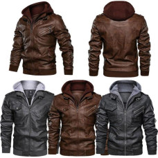 Men's Motorcycle Biker Pu Leather Hooded Jacket Zip Up Coat Outwear Tops