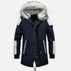 Men Fur Collar Mid Length Coats Warm Outwear Jacket Thicken Pocket Hooded Winter