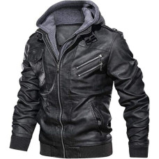 Men's Genuine Real Leather Jacket Black Bomber Winter Hooded Jacket Coat