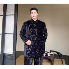 Men's Autumn Fashion Chinese Style Stand Collar Printed PANKOU Coats Pants 2PC