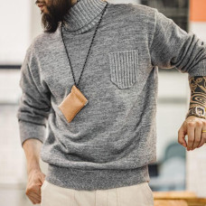 Vintage Men Winter Knitted Turtleneck Sweaters Solid Warm Gray Classic Pullover