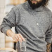 Vintage Men Winter Knitted Turtleneck Sweaters Solid Warm Gray Classic Pullover