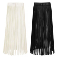 Women PU Leather Fringe Tassels Mini Skirt Boho Long Waist Belt Clubwear Skirts
