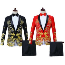 Men 2pcs Suit Coat Jacket Pants Lapel Collar Evening Party Floral Printed Formal