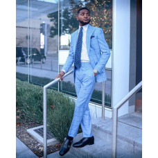 Stylish Men's Suit Blue Plaid Jacket Slim Jacket Trousers Party Banquet Custom