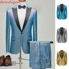 Mens Glitter Stage Club Show Costume Lapel Slim Fit One Button Blazer Pants 2Pcs