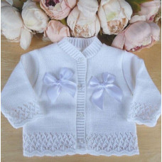 Baby Girl Cardigan White Knitted Crochet Fancy Pattern Bow NB 0 3 6 9 Portuguese